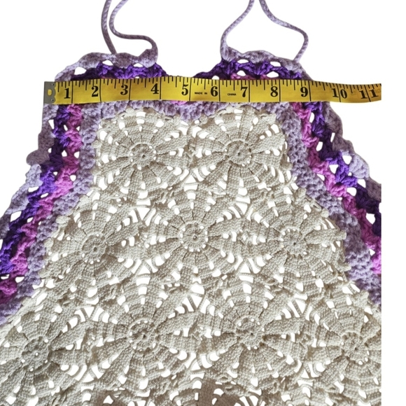 Handmade White Crochet Halter Crop-Top Floral Hand Knit Triangular Shape Purple - Picture 17 of 17